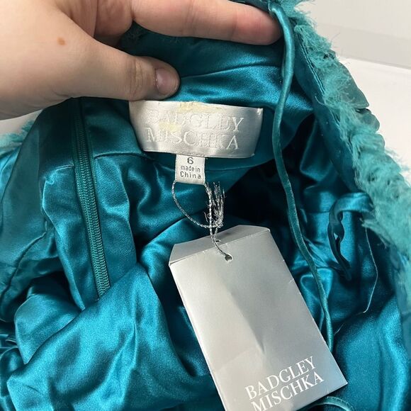 NWT Y2K Badgley Mischka 100% Silk Teal Embellished Halter Long Gown Dress SZ 6 - Picture 7 of 9
